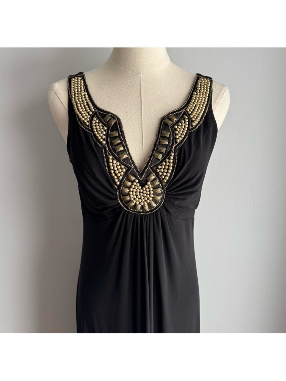Black Beaded Maxi Dress Sz 2 XS Sleeveless V-Neck Boho Glam Evening Gown Party - Picture 3 of 15